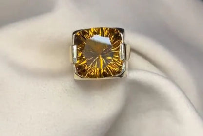 Bold Sterling Silver Men’s Ring with Faceted Amber Gemstone