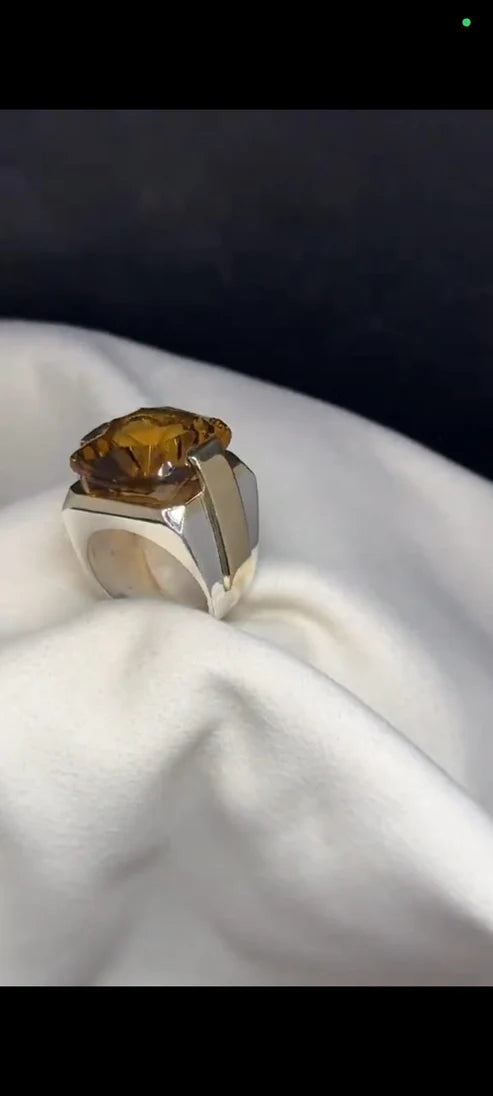 Bold Sterling Silver Men’s Ring with Faceted Amber Gemstone
