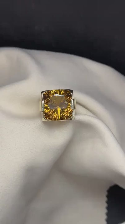 Bold Sterling Silver Men’s Ring with Faceted Amber Gemstone